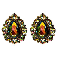 Statement Vintage Style Dramatic Teardrop Crystal Clip On Style Earrings, 1.75" (Rainbow Vitrail Gold Tone)