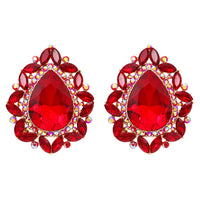 Statement Vintage Style Dramatic Teardrop Crystal Clip On Style Earrings, 1.75" (Red Crystal Gold Tone)