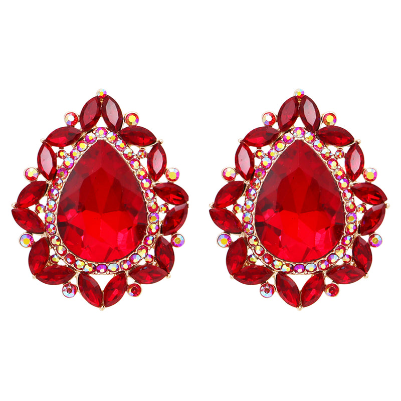 Statement Vintage Style Dramatic Teardrop Crystal Clip On Style Earrings, 1.75" (Red Crystal Gold Tone)