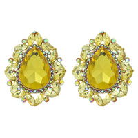 Statement Vintage Style Dramatic Teardrop Crystal Clip On Style Earrings, 1.75" (Sunshine Yellow Crystal Gold Tone)