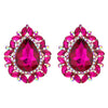Statement Vintage Style Dramatic Teardrop Crystal Clip On Style Earrings, 1.75" (Fuchsia Pink Crystal Rose Gold Tone)