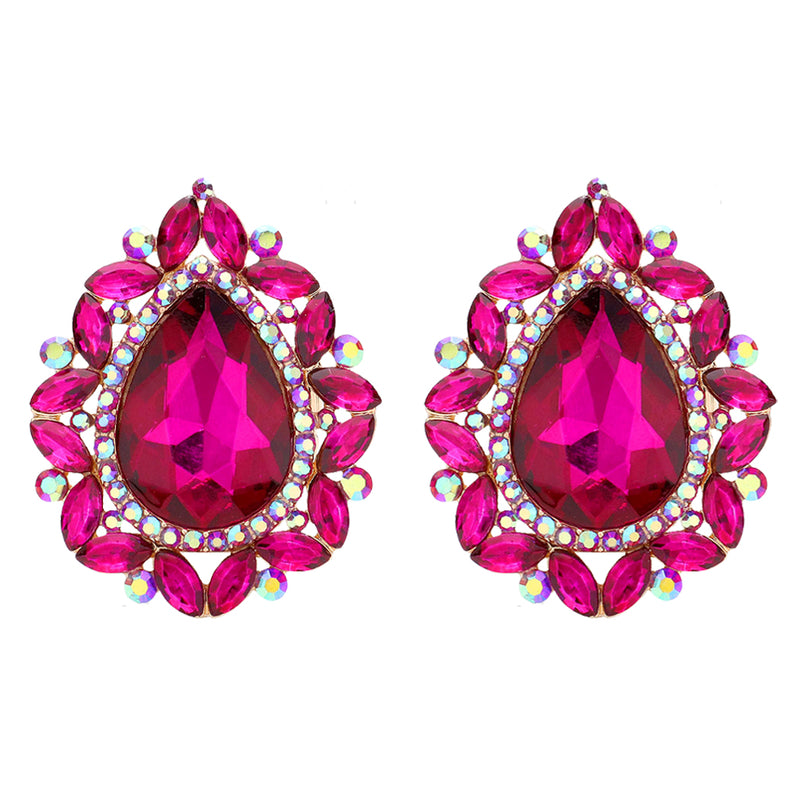 Statement Vintage Style Dramatic Teardrop Crystal Clip On Style Earrings, 1.75" (Fuchsia Pink Crystal Rose Gold Tone)