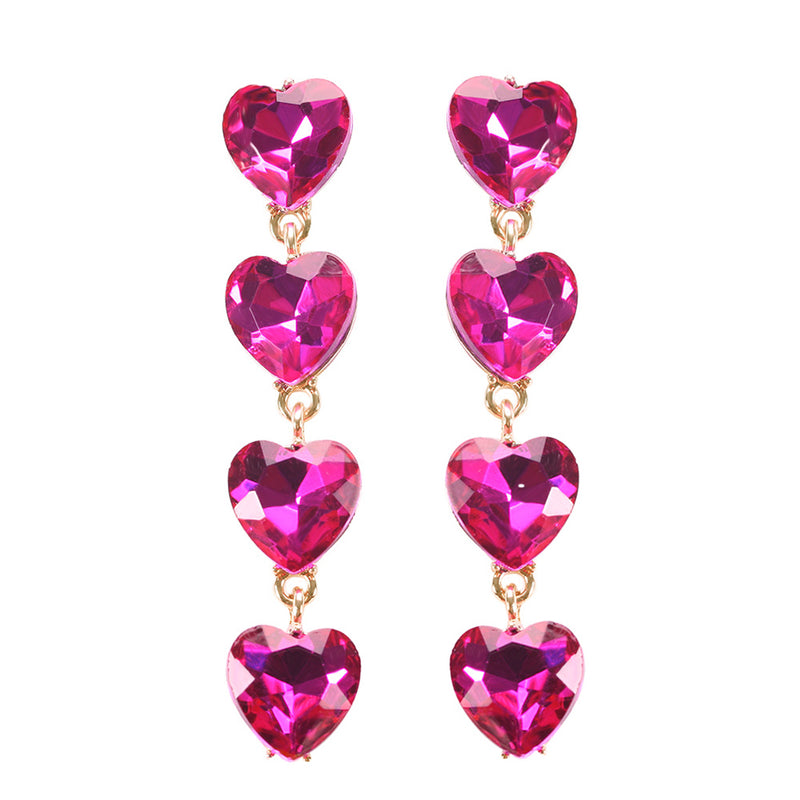 Women's Stunning Fuchsia Pink Crystal Rhinestone Hearts Queen Of Valentines Day Gold Tone Hypoallergenic Post Back Strand Earrings, Hearts, 2.5"