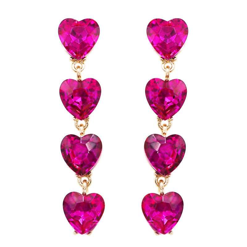 Women's Stunning Fuchsia Pink Crystal Rhinestone Hearts Queen Of Valentines Day Gold Tone Hypoallergenic Post Back Strand Earrings, Hearts, 2.5"