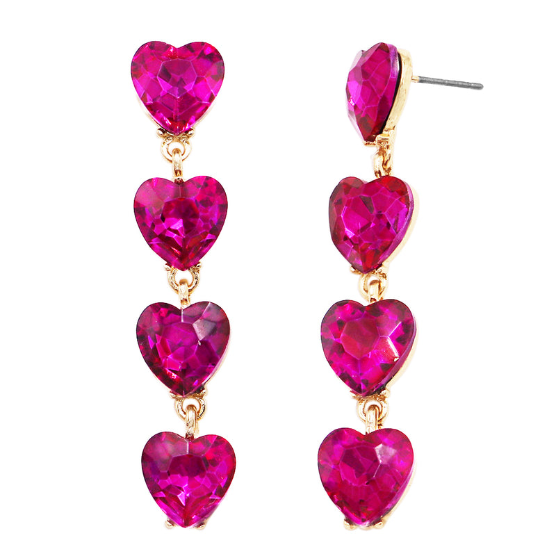 Women's Stunning Fuchsia Pink Crystal Rhinestone Hearts Queen Of Valentines Day Gold Tone Hypoallergenic Post Back Strand Earrings, Hearts, 2.5"