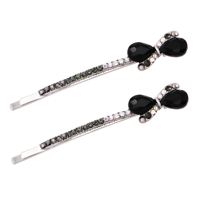 Beautiful Crystal Rhinestone Bow Bobby Pins Hair Barrette Clip Set of 2 Accessories, 2.5"