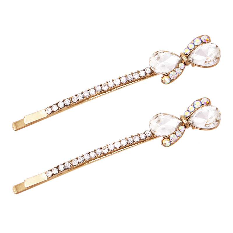 Beautiful Crystal Rhinestone Bow Bobby Pins Hair Barrette Clip Set of 2 Accessories, 2.5"