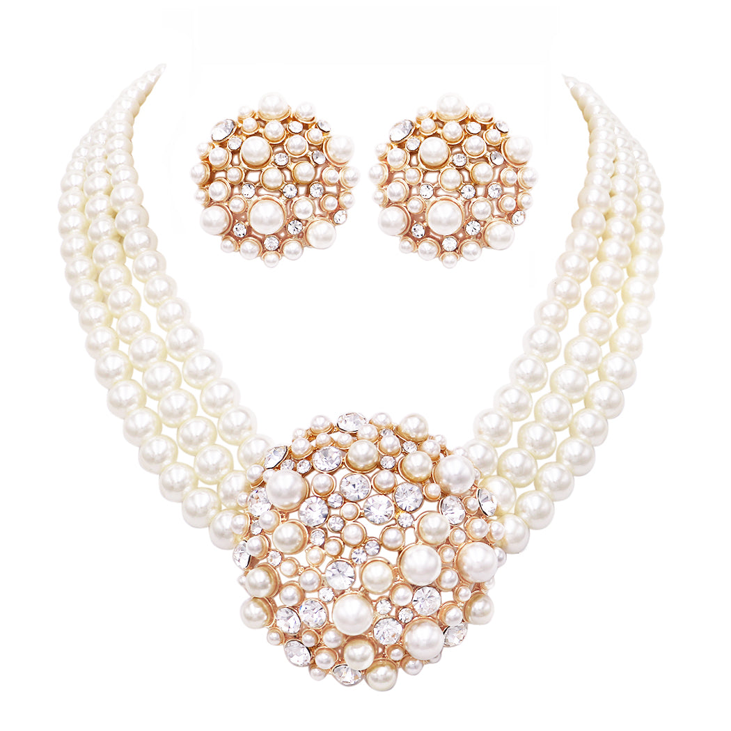 Women's Unique Circular Design Crystal Rhinestone Simulated Three Strand Pearl Necklace And Earring Bridal Jewelry Set , 14"+3" Extender