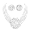 Women's Unique Circular Design Crystal Rhinestone Simulated Three Strand Pearl Necklace And Earring Bridal Jewelry Set , 14"+3" Extender