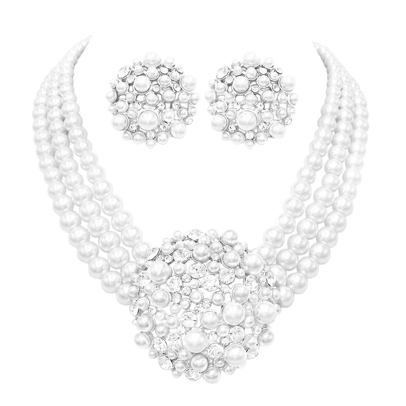 Women's Unique Circular Design Crystal Rhinestone Simulated Three Strand Pearl Necklace And Earring Bridal Jewelry Set , 14"+3" Extender