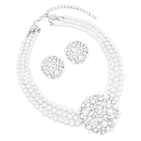 Women's Unique Circular Design Crystal Rhinestone Simulated Three Strand Pearl Necklace And Earring Bridal Jewelry Set , 14"+3" Extender