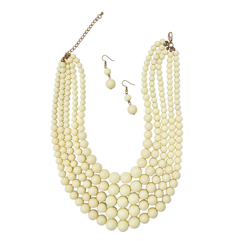 5 Colorful Multi Strands Simulated Pearl Bib Necklace And Earrings Jewelry Set, 16"+3" Extender