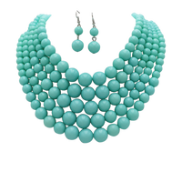 Multi Strand Simulated Pearl Bib Necklace and Earrings Jewelry Set, 16"-19" with 3" Extender (Light Aqua Blue)