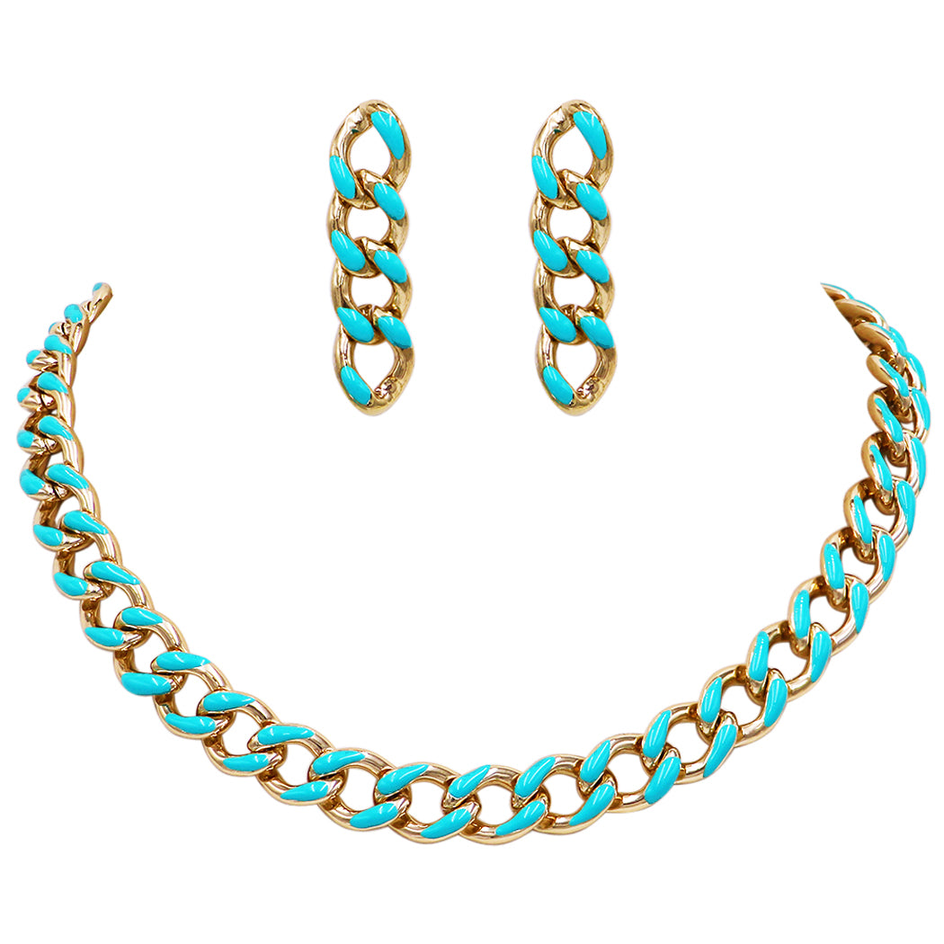 Polished Reversible Gold Tone Chunky Curb Chain with Colored Enamel Statement Necklace Earrings Set, 17"-20" with 3" Extension (Celeste 12mm)