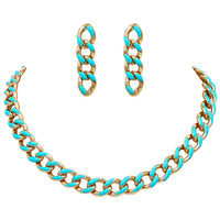 Polished Gold Tone Chunky Curb Chain With Colored Enamel Statement Necklace Earrings Set, 16"-18" with 2" Extension (12mm Aqua)