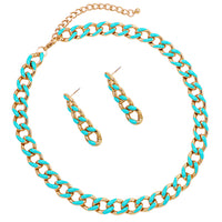 Polished Reversible Gold Tone Chunky Curb Chain with Colored Enamel Statement Necklace Earrings Set, 17"-20" with 3" Extension (Celeste 12mm)