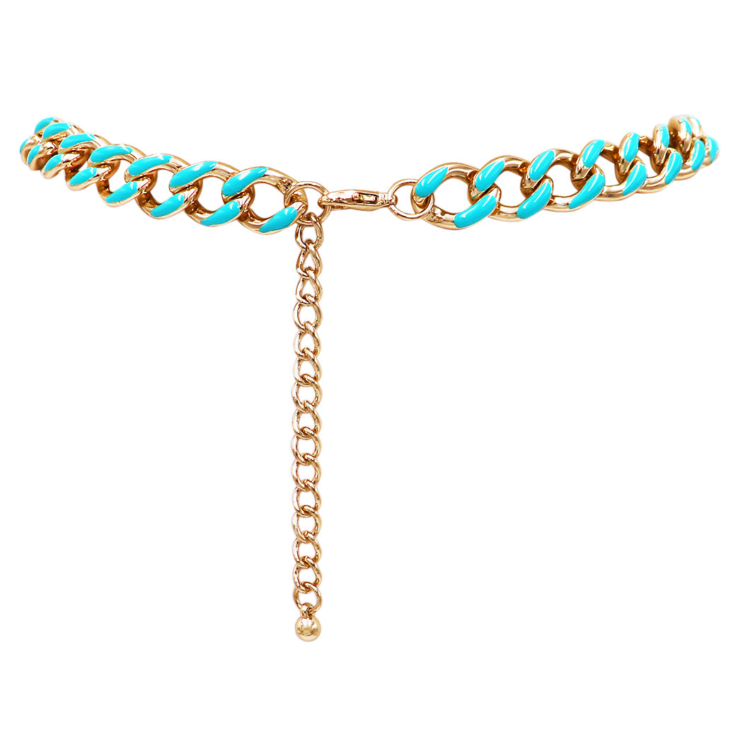 Polished Reversible Gold Tone Chunky Curb Chain with Colored Enamel Statement Necklace Earrings Set, 17"-20" with 3" Extension (Celeste 12mm)