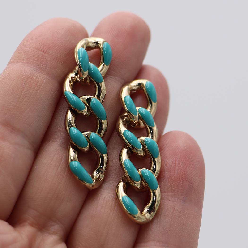 Polished Gold Tone Chunky Curb Chain With Colored Enamel Statement Necklace Earrings Set, 16"-18" with 2" Extension (12mm Aqua)