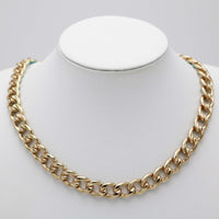 Polished Gold Tone Chunky Curb Chain With Colored Enamel Statement Necklace Earrings Set, 16"-18" with 2" Extension (12mm Aqua)
