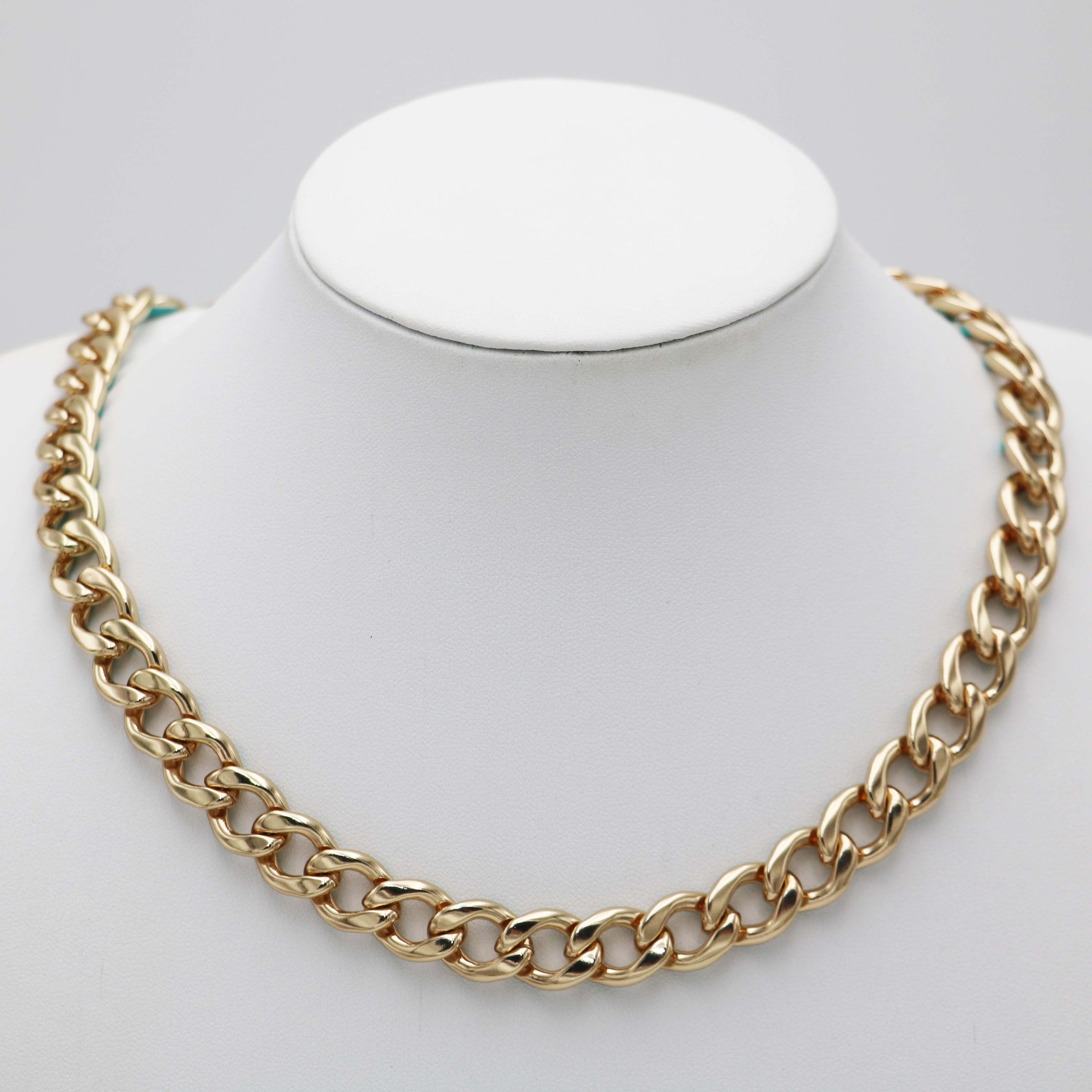 Polished Gold Tone Chunky Curb Chain With Colored Enamel Statement Necklace Earrings Set, 16"-18" with 2" Extension (12mm Aqua)