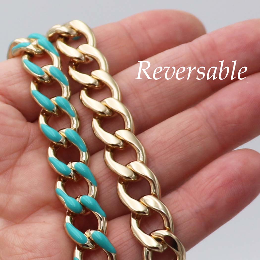 Polished Gold Tone Chunky Curb Chain With Colored Enamel Statement Necklace Earrings Set, 16"-18" with 2" Extension (12mm Aqua)