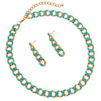 Polished Gold Tone Chunky Curb Chain With Colored Enamel Statement Necklace Earrings Set, 16"-18" with 2" Extension (12mm Aqua)