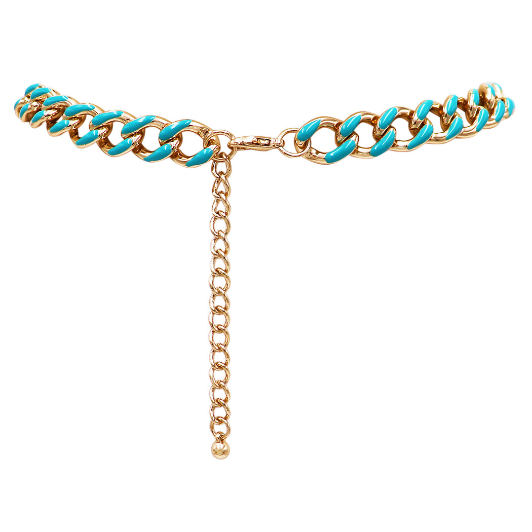 Polished Gold Tone Chunky Curb Chain With Colored Enamel Statement Necklace Earrings Set, 16"-18" with 2" Extension (12mm Aqua)