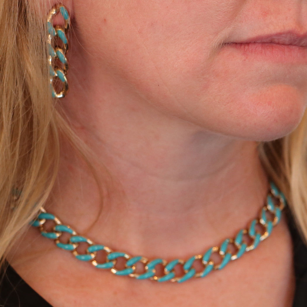Polished Gold Tone Chunky Curb Chain With Colored Enamel Statement Necklace Earrings Set, 16"-18" with 2" Extension (12mm Aqua)