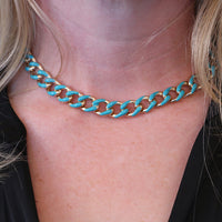 Polished Reversible Gold Tone Chunky Curb Chain with Colored Enamel Statement Necklace Earrings Set, 17"-20" with 3" Extension (Celeste 12mm)