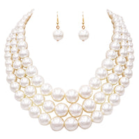 Women's 3 Colorful Multi Strands Simulated Pearl Necklace And Earrings Jewelry Gift Set, 18"+3" Extender