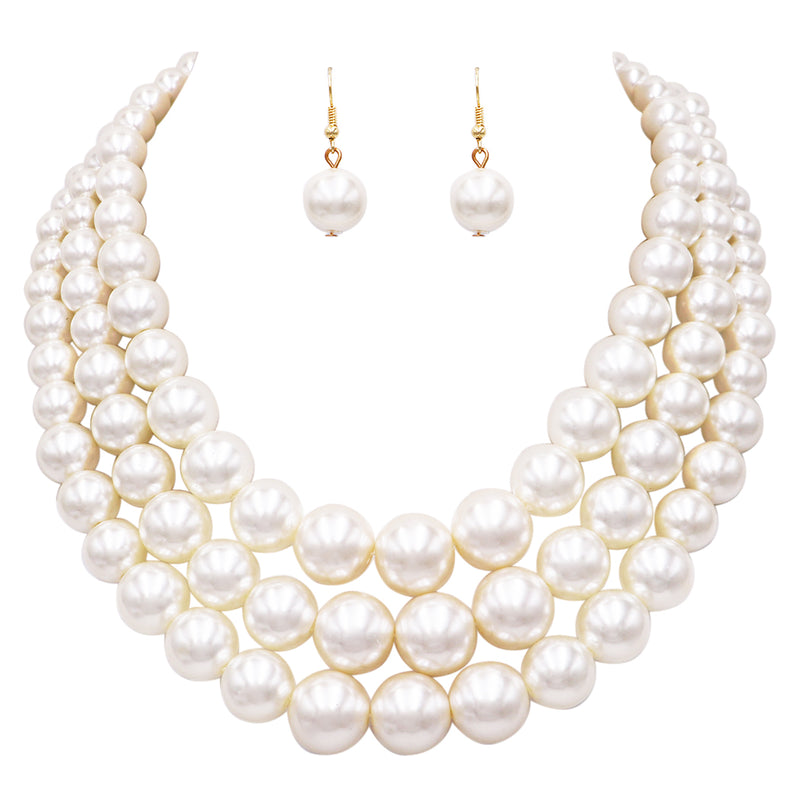 Women's 3 Colorful Multi Strands Simulated Pearl Necklace And Earrings Jewelry Gift Set, 18"+3" Extender