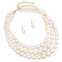 Women's 3 Colorful Multi Strands Simulated Pearl Necklace And Earrings Jewelry Gift Set, 18"+3" Extender