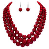 Women's 3 Colorful Multi Strands Simulated Pearl Necklace And Earrings Jewelry Gift Set, 18"+3" Extender (Red Silver Tone)