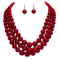 Women's 3 Colorful Multi Strands Simulated Pearl Necklace And Earrings Jewelry Gift Set, 18"+3" Extender (Red Silver Tone)