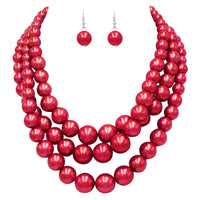 Women's 3 Colorful Multi Strands Simulated Pearl Necklace And Earrings Jewelry Gift Set, 18"+3" Extender (Metallic Red Silver Tone)