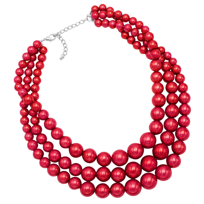 Women's 3 Colorful Multi Strands Simulated Pearl Necklace And Earrings Jewelry Gift Set, 18"+3" Extender (Metallic Red Silver Tone)