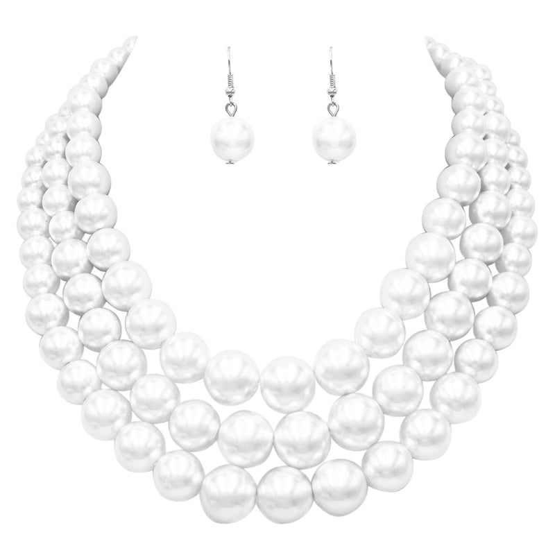 Women's 3 Colorful Multi Strands Simulated Pearl Necklace And Earrings Jewelry Gift Set, 18"+3" Extender