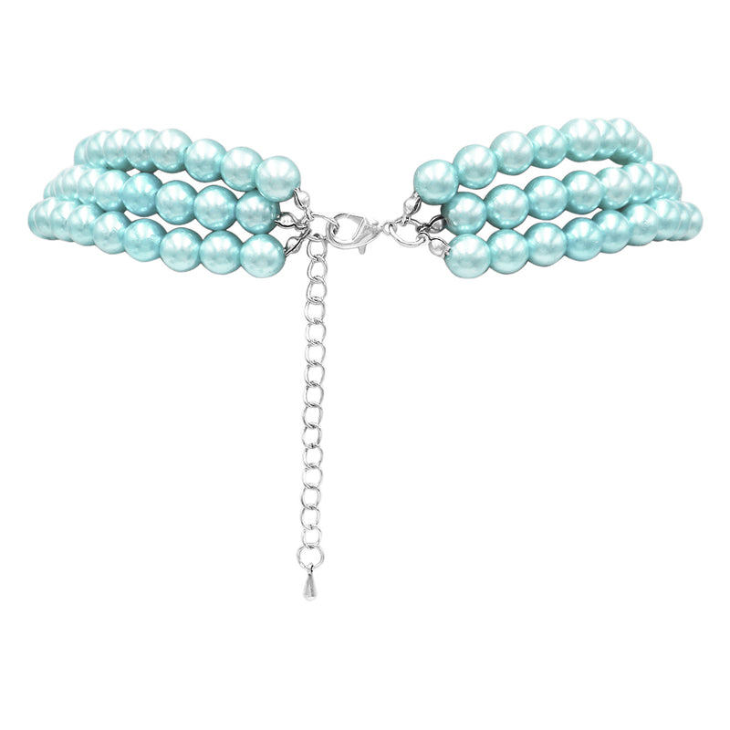 Women's 3 Colorful Multi Strands Simulated Pearl Necklace And Earrings Jewelry Gift Set, 18"+3" Extender