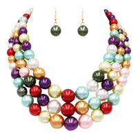 Women's 3 Colorful Multi Strands Simulated Pearl Necklace And Earrings Jewelry Gift Set, 18"+3" Extender