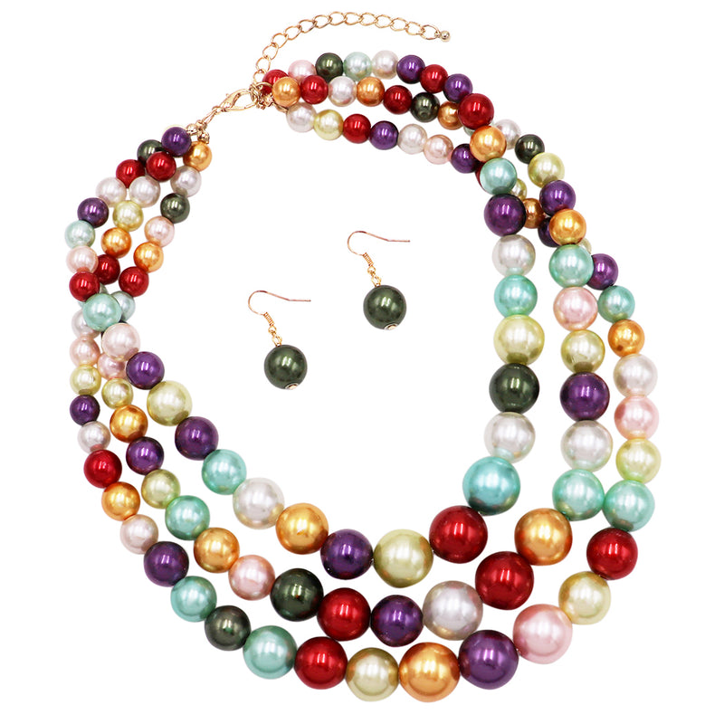 Women's 3 Colorful Multi Strands Simulated Pearl Necklace And Earrings Jewelry Gift Set, 18"+3" Extender