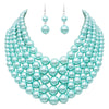 5 Colorful Multi Strands Simulated Pearl Bib Necklace And Earrings Jewelry Set, 16"+3" Extender