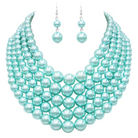 5 Colorful Multi Strands Simulated Pearl Bib Necklace And Earrings Jewelry Set, 16"+3" Extender