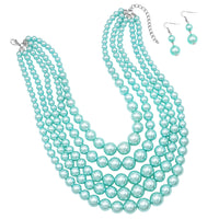 5 Colorful Multi Strands Simulated Pearl Bib Necklace And Earrings Jewelry Set, 16"+3" Extender