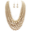 5 Colorful Multi Strands Simulated Pearl Bib Necklace And Earrings Jewelry Set, 16"+3" Extender