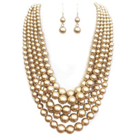 5 Colorful Multi Strands Simulated Pearl Bib Necklace And Earrings Jewelry Set, 16"+3" Extender