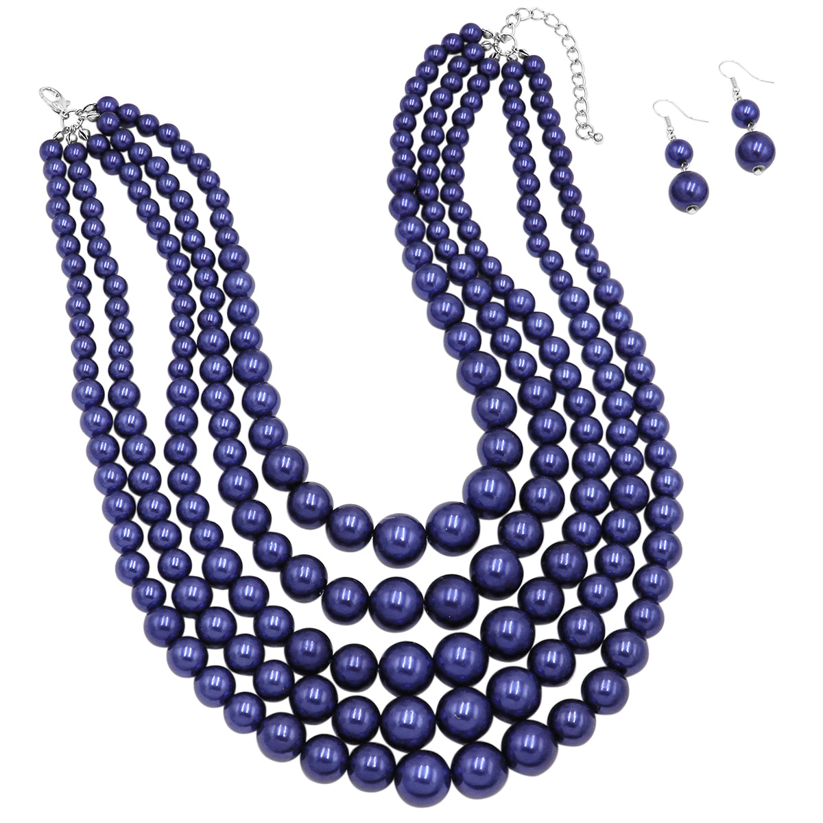 5 Colorful Multi Strands Simulated Pearl Bib Necklace And Earrings Jewelry Set, 16"+3" Extender