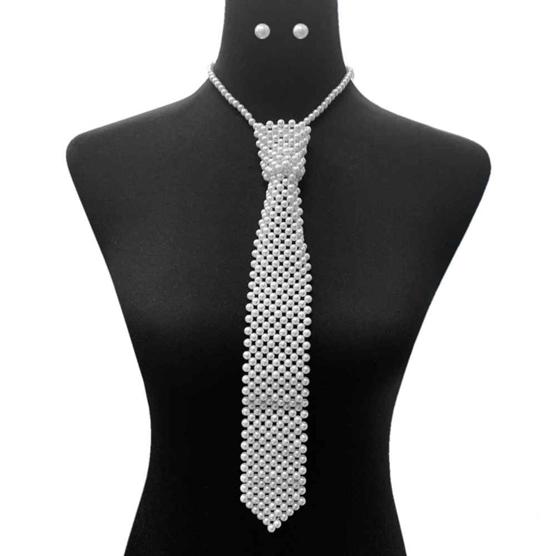 Stunning 6mm Simulated Pearl Necktie Necklace And Stud Earrings Gift Set, 14"+3" Extender