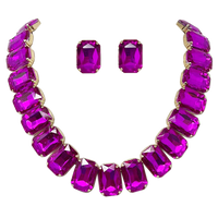 Stunning And Colorful Emerald Cut Crystal Rhinestone Statement Necklace Earrings Bridal Gift Set, 16.5"+3" Extender