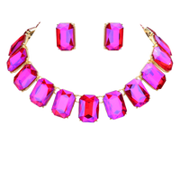 Stunning And Colorful Emerald Cut Crystal Rhinestone Statement Necklace Earrings Bridal Gift Set, 16.5"+3" Extender (Fuchsia Pink Crystal Gold Tone)