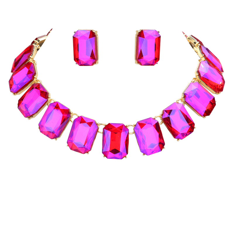 Stunning And Colorful Emerald Cut Crystal Rhinestone Statement Necklace Earrings Bridal Gift Set, 16.5"+3" Extender (Fuchsia Pink Crystal Gold Tone)